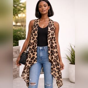 Leopard Print Sleeveless Vest | Animal Print Open Front Duster